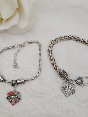 Set of 2 Silver‑Tone Charm Bracelets – “Niece” & “Nurse” Heart Charms